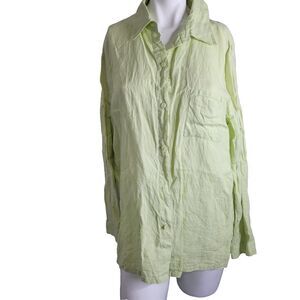 Deane & White large button front linen yellow lime green shirt top collar women